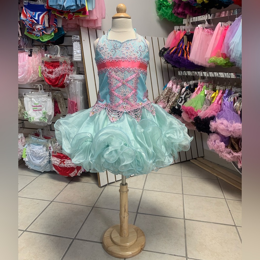Kids Size 8-10 Aqua Blue Green & Pink 2 Pc Cupcake Pageant Dress W/ Accessories